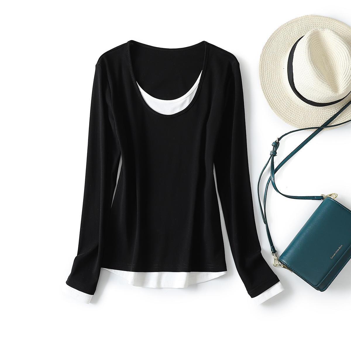 长袖百搭适中撞色针织T恤女