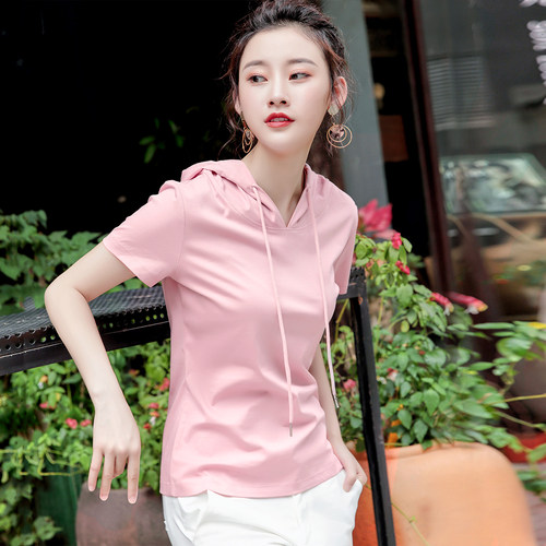 丝光棉连帽短袖T恤上衣女春夏