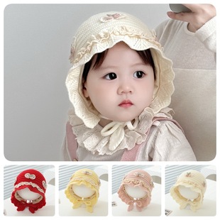 秋冬季 婴幼儿蕾丝花边蝴蝶结护耳套头帽小公主保暖双层毛线针织帽