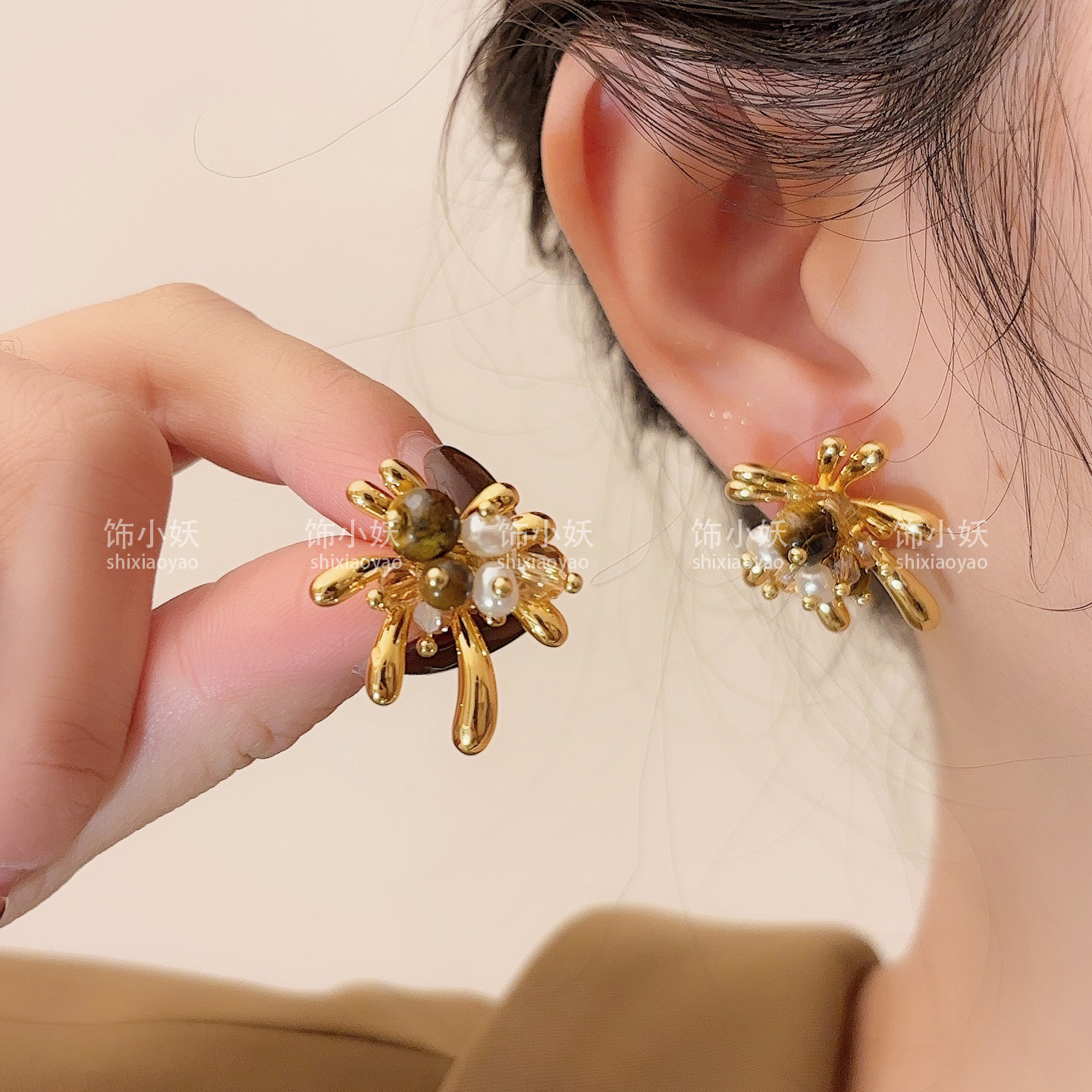 金色烟花珍珠虎眼石耳钉