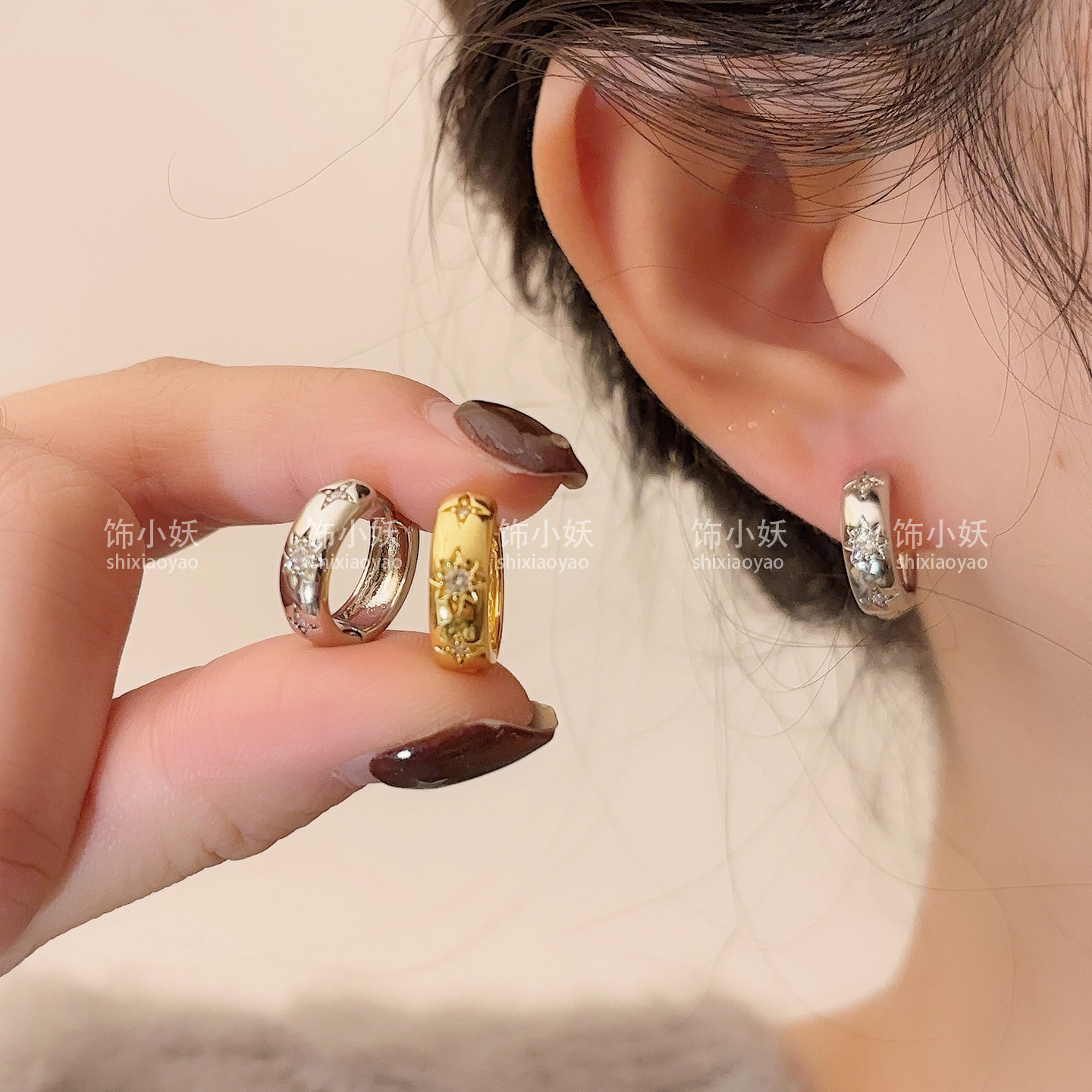 布契风金色拉丝八芒星耳钉