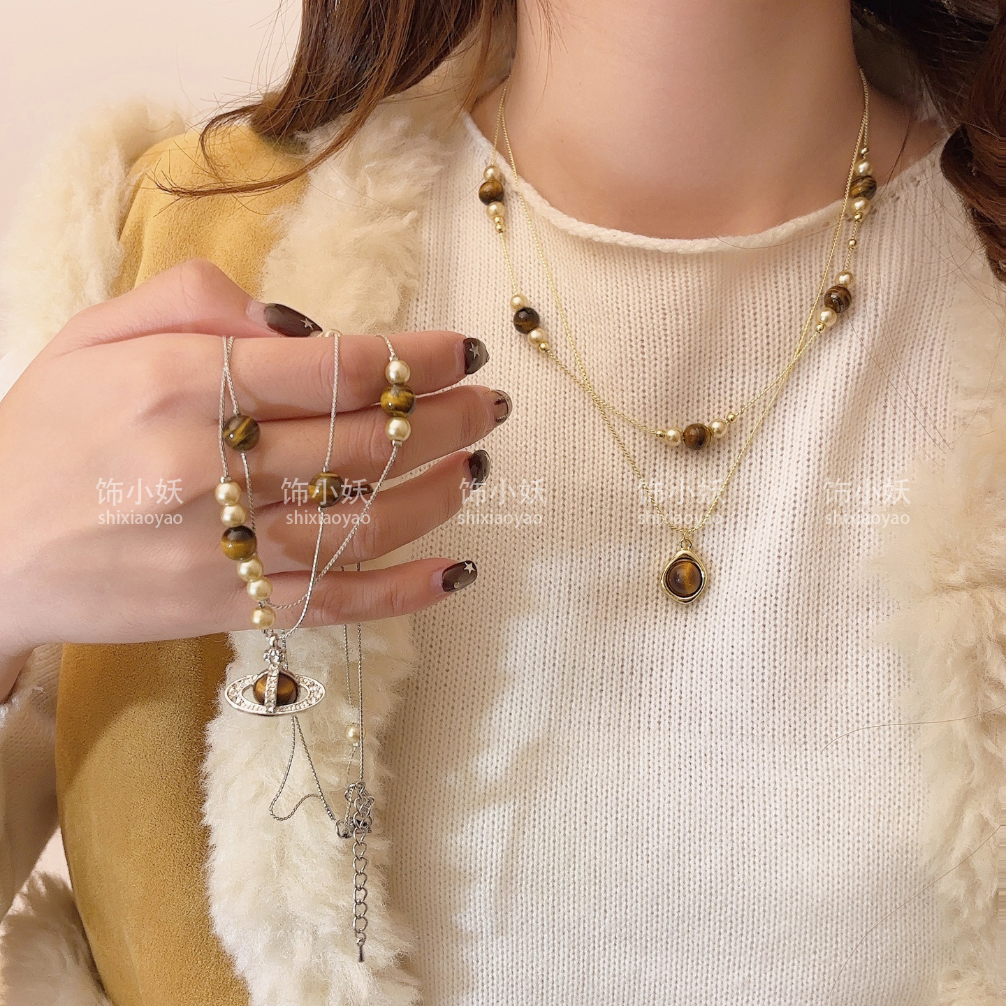 美拉德双层虎眼石长款毛衣链