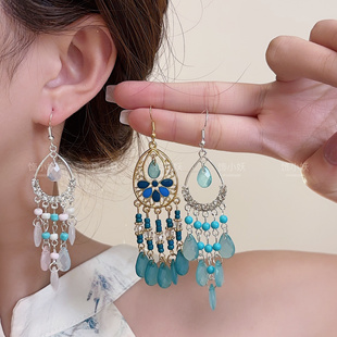 彩色串珠长款 春日焕新 流苏耳环女度假风显脸小耳钩波西米亚耳饰