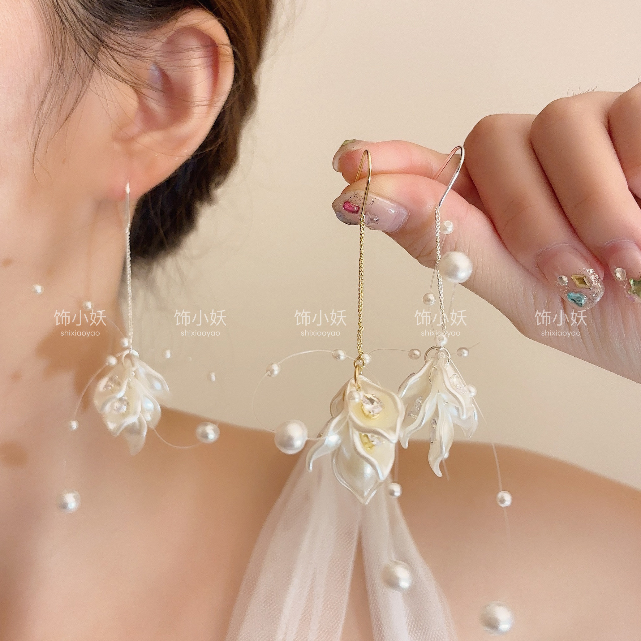 原生冷茶～花瓣珍珠流苏耳钩长款气质耳高级感奢耳饰2026新款耳钉图片