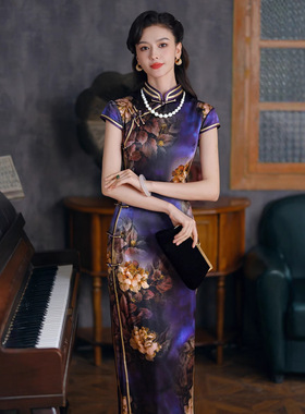 贵夫人紫色桑蚕丝真丝旗袍女中式高端喜婆婆礼服复古改良连衣裙潮