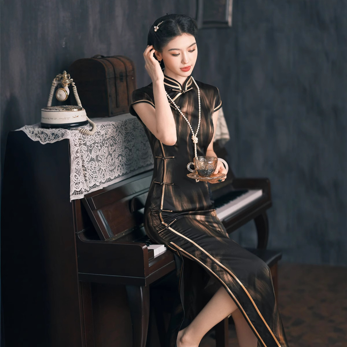 贵夫人黑金桑蚕丝真丝女旗袍长款高端大气时尚苏州复古改良连衣裙