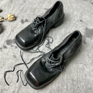 鬼帝guidi9082方头方跟系带复古做旧手工水洗软马皮德比小众皮鞋