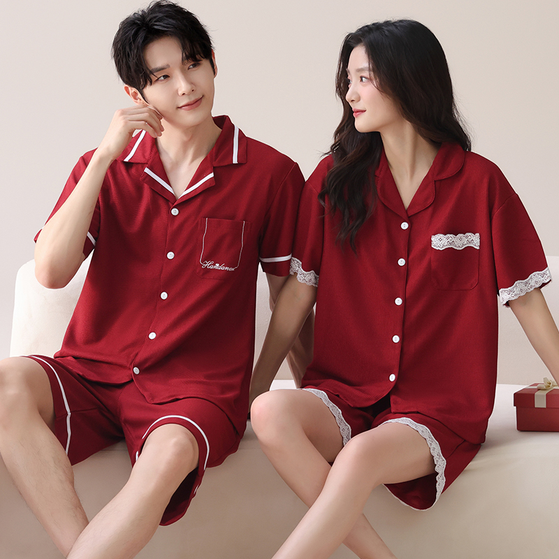 【浪莎】纯棉红色情侣睡衣夏季