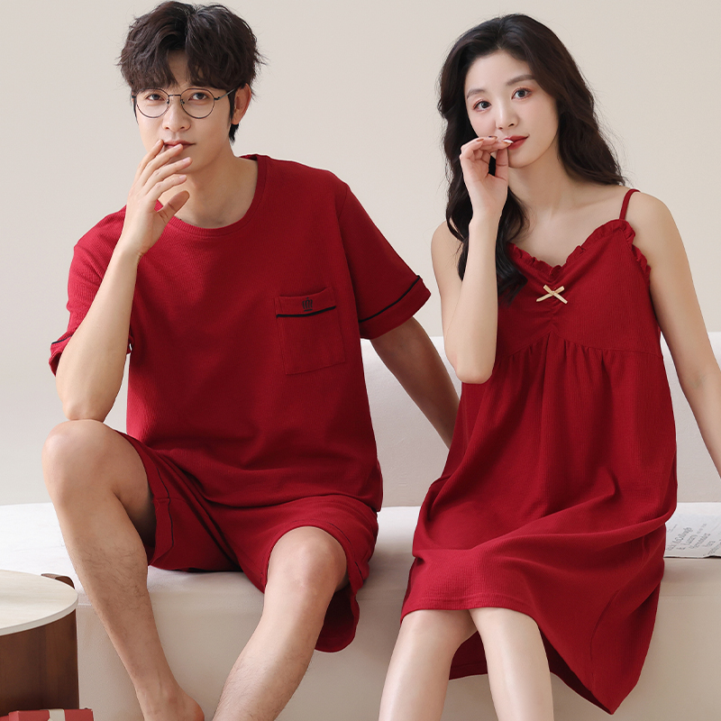 【浪莎】纯棉红色情侣睡衣睡裙