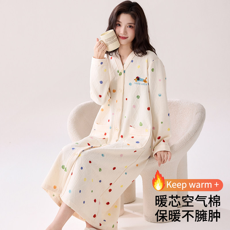 浪莎睡袍女秋冬季空气棉夹层纯棉长袖加厚保暖睡衣浴袍晨袍家居服