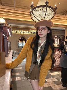 SIMONA25秋新款 金桔乌龙 橘色麻花针织开毛衣复古棕色衬衫显白女