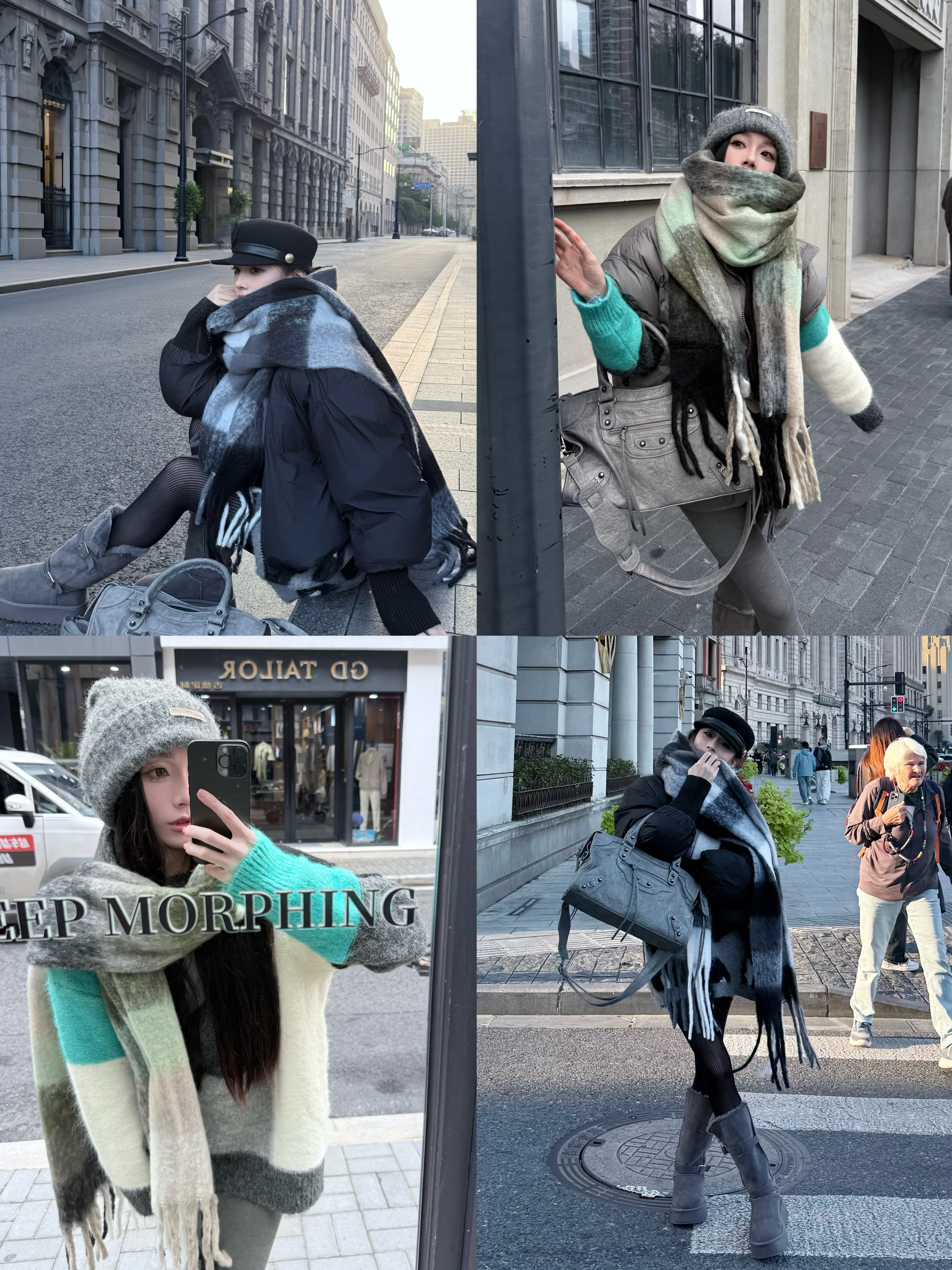 绒冬格调黑绿两色格纹围巾仿羊绒