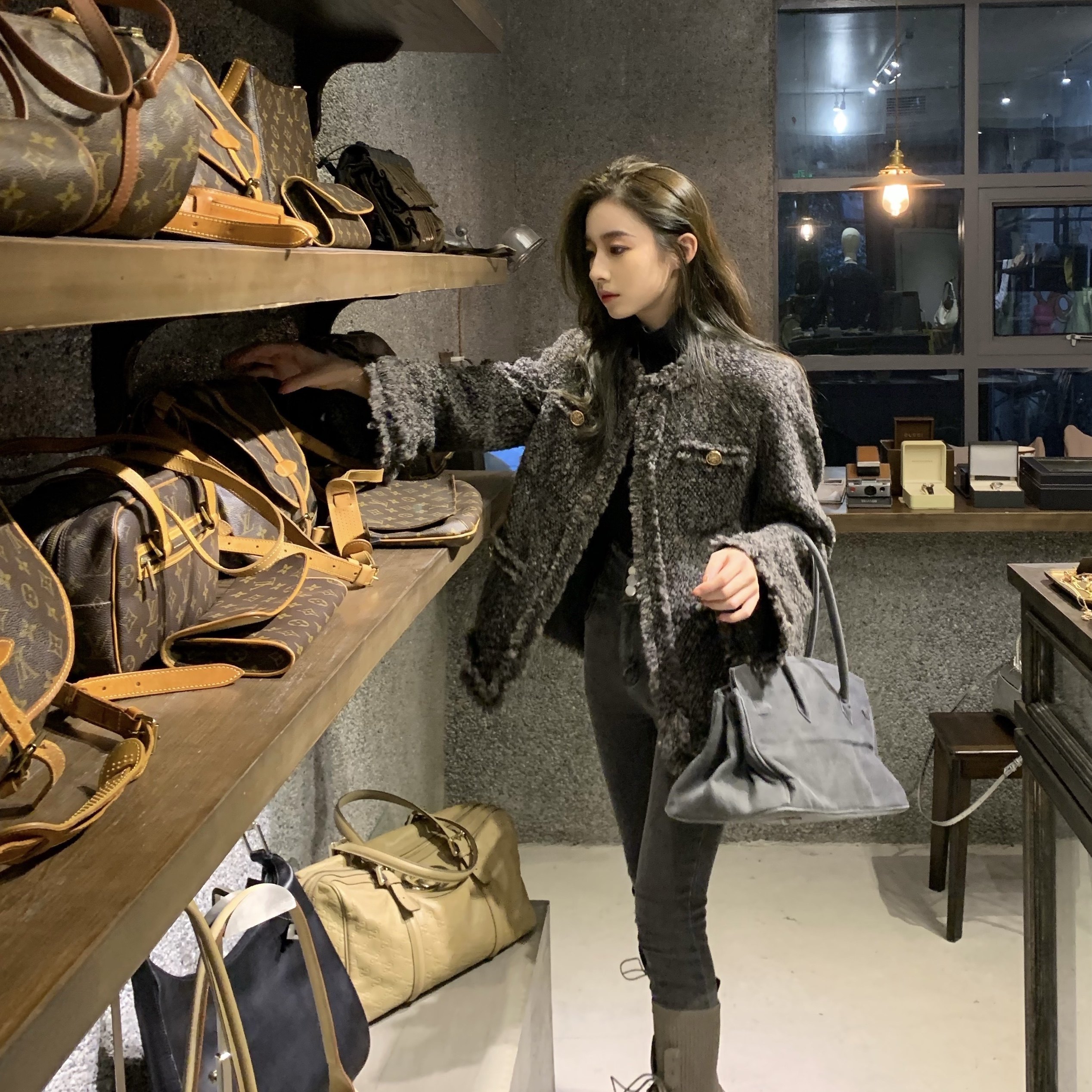 复古花灰圈圈毛羊毛西装外套