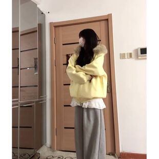 薄款/加绒 原版做工 毛领【华棉复合】美式复古连帽卫衣女