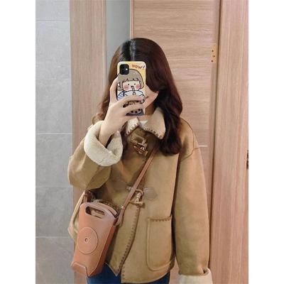 牛角扣麂皮绒羊羔毛外套女冬2025新款小个子皮毛一体短款加厚棉衣