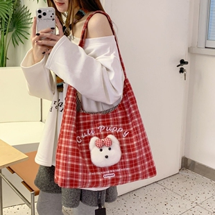 红色格子帆布包包女日系卡通学生上课手提袋大容量单肩通勤托特包