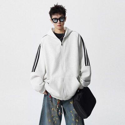 【M-8XL】美式条纹双拉链开衫卫衣男潮牌秋季百搭休闲运动连帽外