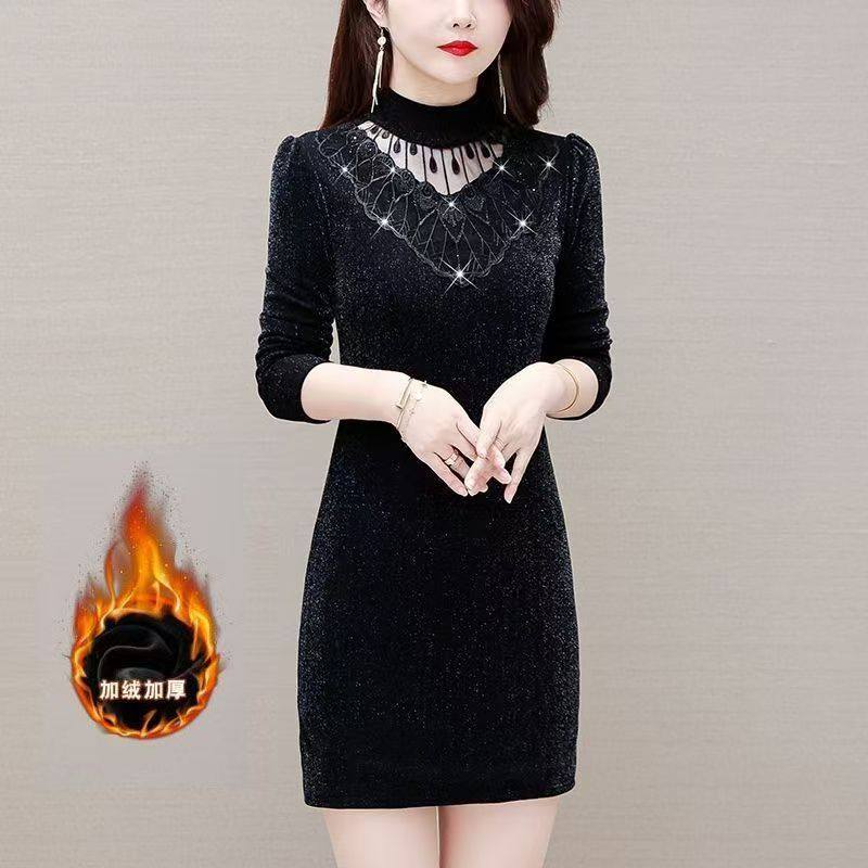 大量现货秋冬新款加绒加厚中长款保暖打底裙女装连衣裙洋气外