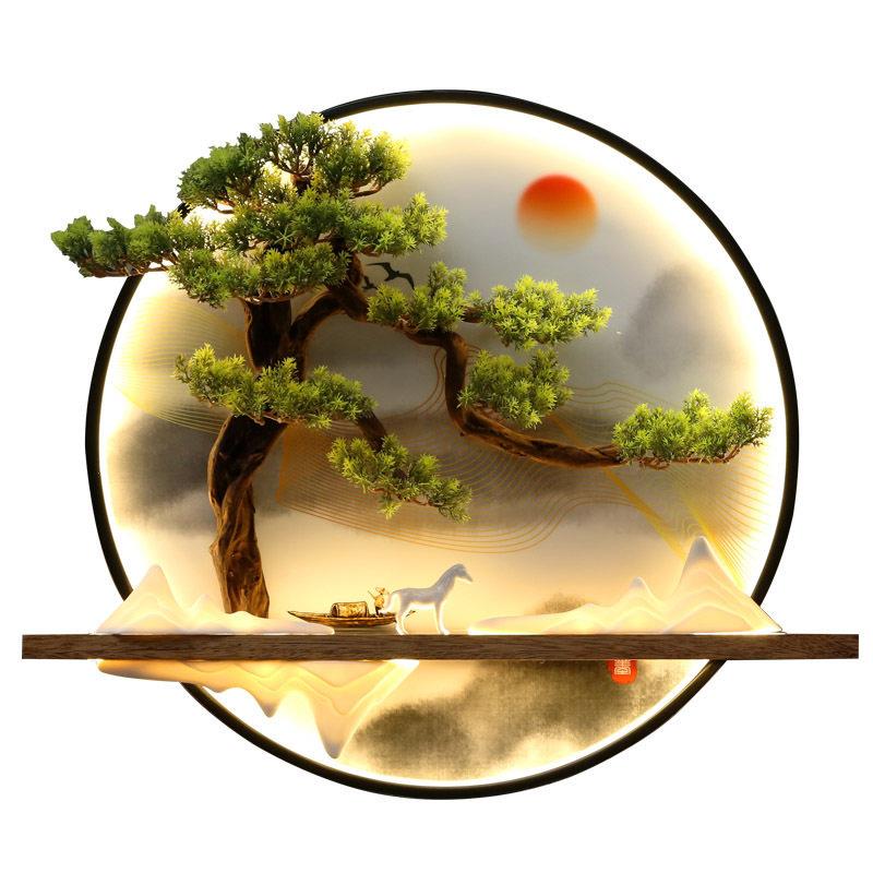 新中式晶瓷装饰画茶室客厅沙发背景墙装饰圆形仿真迎客松挂件挂画