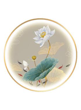 新中式圆形玄关带灯装饰画入户走廊背景墙禅意荷花led发光壁挂画