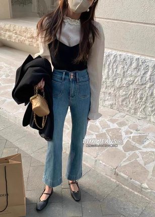 四面弹双口袋深蓝色微喇裤女冬加绒显瘦九分直筒牛仔裤