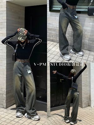 VPM正品秋季设计感口袋牛仔裤女2023新款韩版高腰显瘦百搭直筒裤