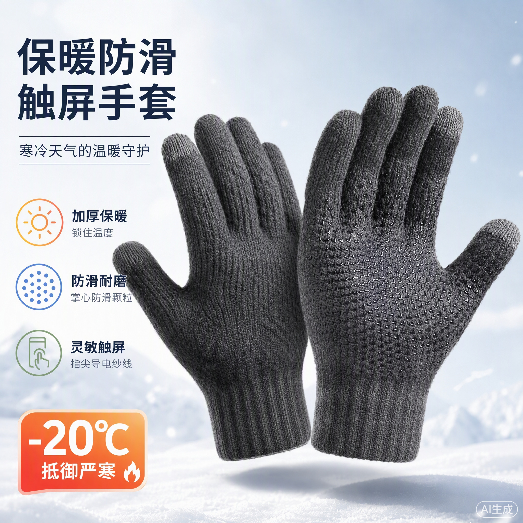 针织手套男冬季加厚触屏秋冬加绒保暖女硅胶防滑骑车情侣毛线简约
