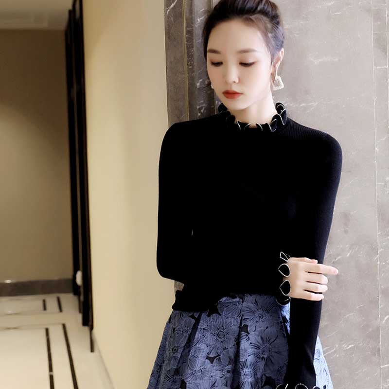 2021秋季新款百搭纯色修身木耳花边半高领内搭针织打底衫女