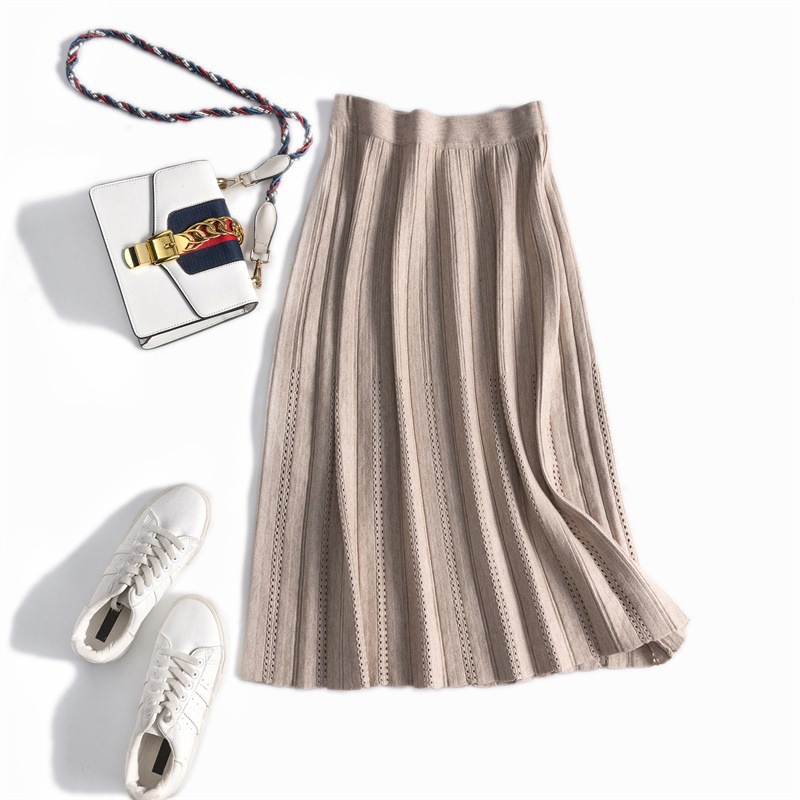 羊毛秋冬中长款高腰百褶半身裙纯色羊毛针织A版大裙摆伞裙