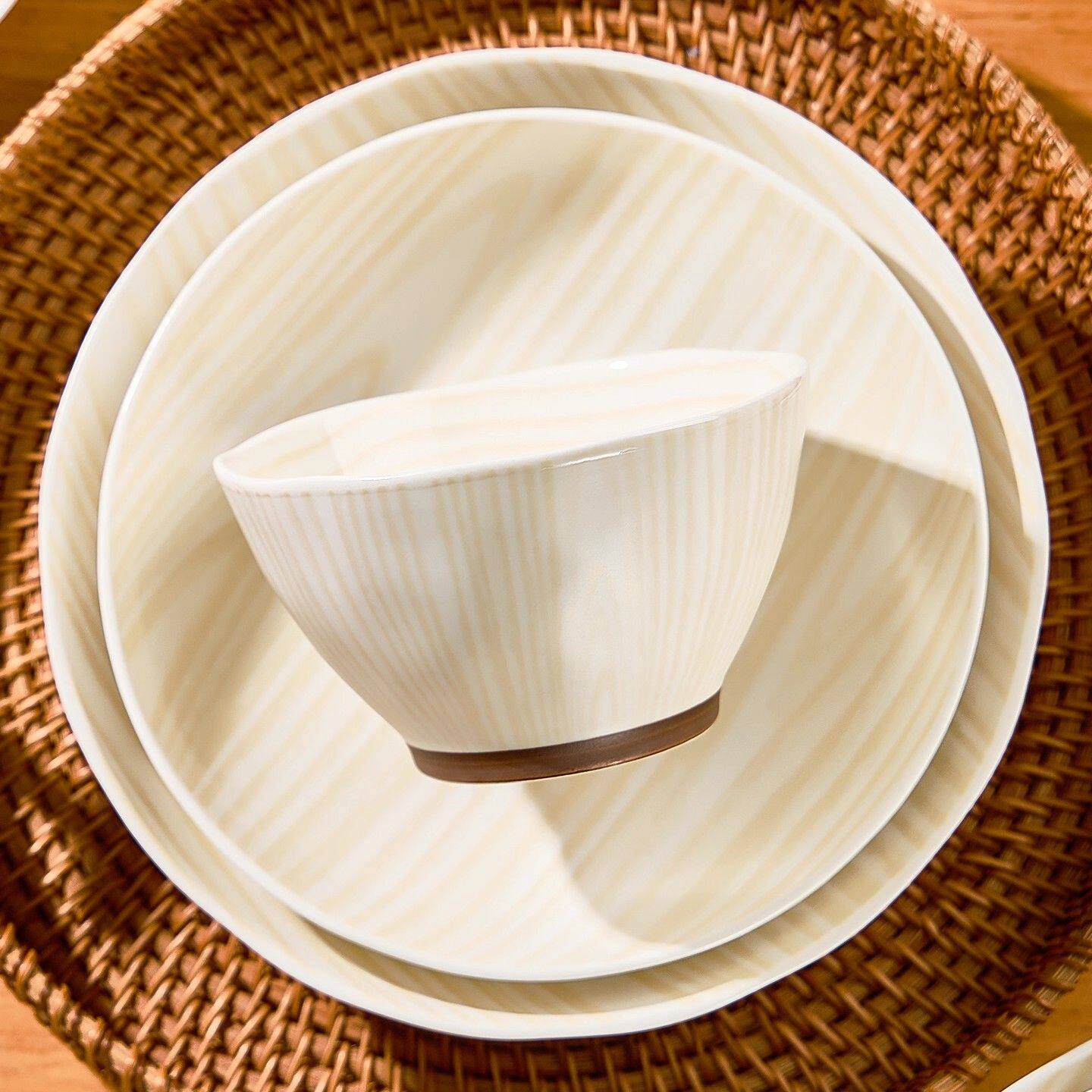 日式陶瓷木纹微波炉锤纹碗套装