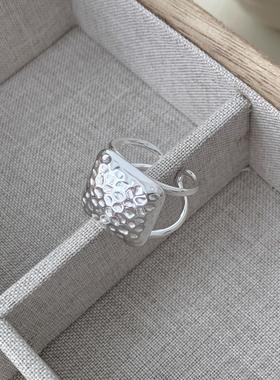 韩国INS设计风重工通体925纯银方形捶打纹戒指个性百搭食指指环女