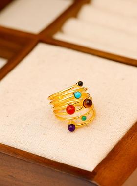 欧美小众设计感多层缠绕戒指 轻奢彩色宝石虎眼石中古vintage首饰