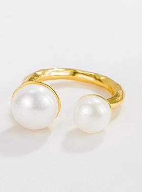 韩版INS小众设计感U形淡水珍珠戒指纯银S925重工皱褶开口指环