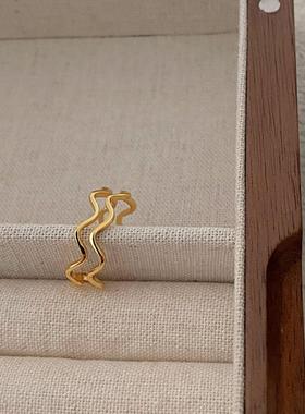 小众设计开口女通体925纯银双层波浪戒指曲线造型个性百搭可调节