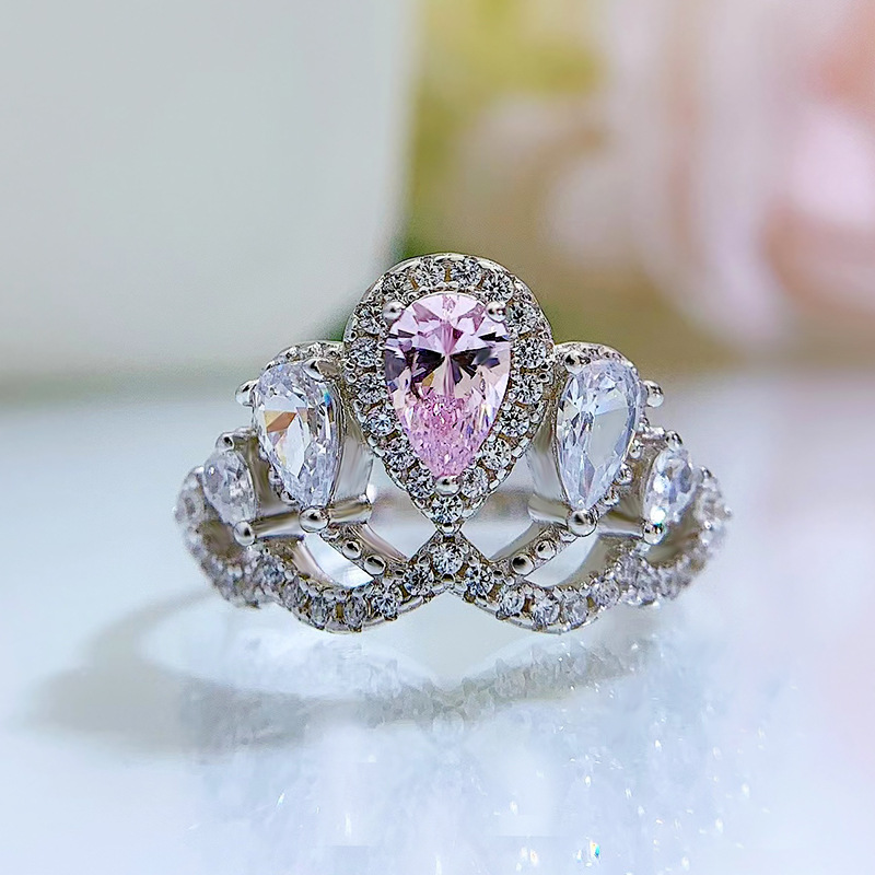 珠宝2023新款S925银皇冠粉公主风4*6粉钻小众设计时尚戒指环
