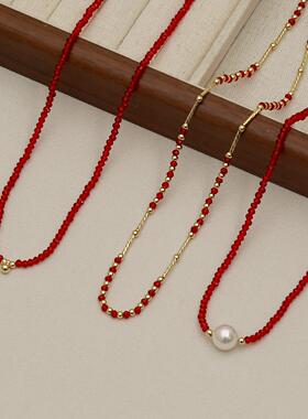 秋冬新款红色系列时尚毛衣链串珠链高级感时尚搭配锁骨链叠戴项链