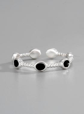 韩版时尚个性冷淡风麻花细边黑色滴胶S925纯银开口戒指女可调节