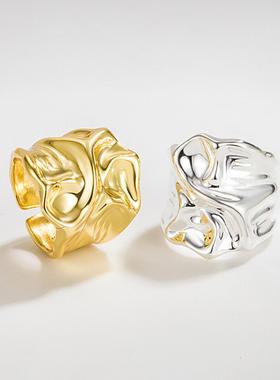 韩国东大门重工性冷淡风s925纯银戒指女百搭不规则凹凸异性指环