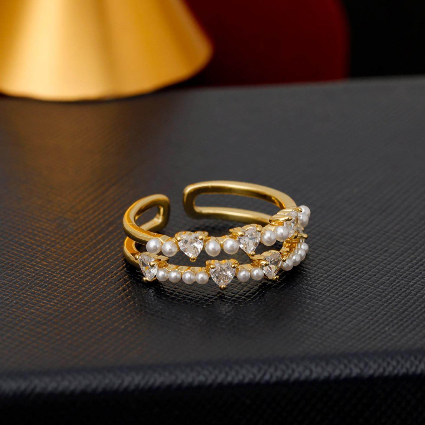 双层锆石珍珠戒指小众设计开口可调节食指戒轻奢高级独特爱心指环