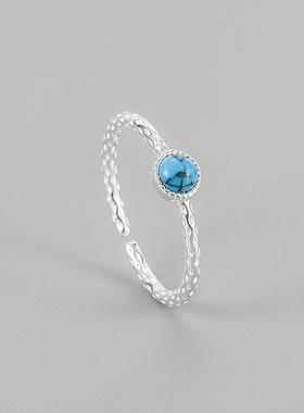 银韩阁 INS韩版通勤百搭S925纯银合成蓝松石戒指可调节宝石戒指女