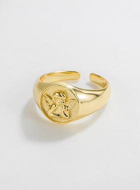 欧美风简约气质复古金属风S925纯银浮雕天使戒指高级感手饰品