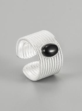 INS博主同款S925纯银戒指女编织麻绳椭圆形黑玛瑙个性重工食指戒