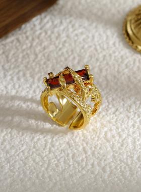 复古火山岩肌理宝石戒指ins高级感轻奢冷淡风金属质感食指戒指环