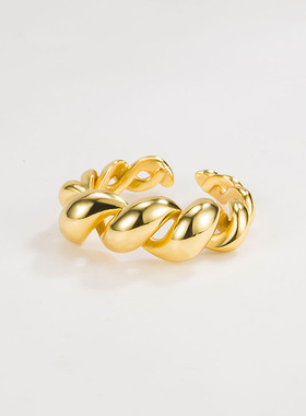 欧美ins冷淡复古百搭925纯银缠绕链条戒指镂空麻花牛角包食指指环