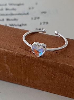 炫彩极光设计月光石爱心戒指S925纯银简约气质百搭个性小众饰品