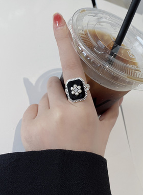 韩国INS复古精致S925纯银方形黑色滴釉戒指韩版珍珠花朵食指指环