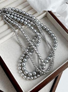 银灰色616#正圆珍珠项链真多麻色小众锁骨颈链2023年新款潮配饰品