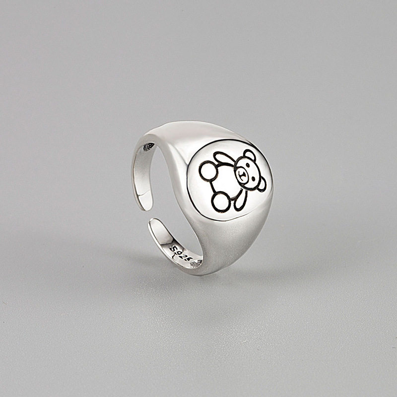 日韩系ins原创设计s925纯银复古卡通小熊戒指开口调节泰迪熊指环