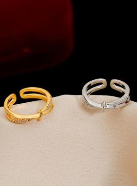 交叉双环戒指女 小众设计感ins微镶食指开口戒夏季时尚气质指环女