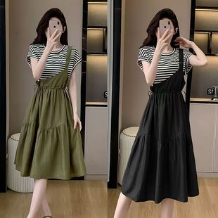 高端精致假两件条纹连衣裙大码胖mm夏季梨型身材遮肚子显瘦a字裙
